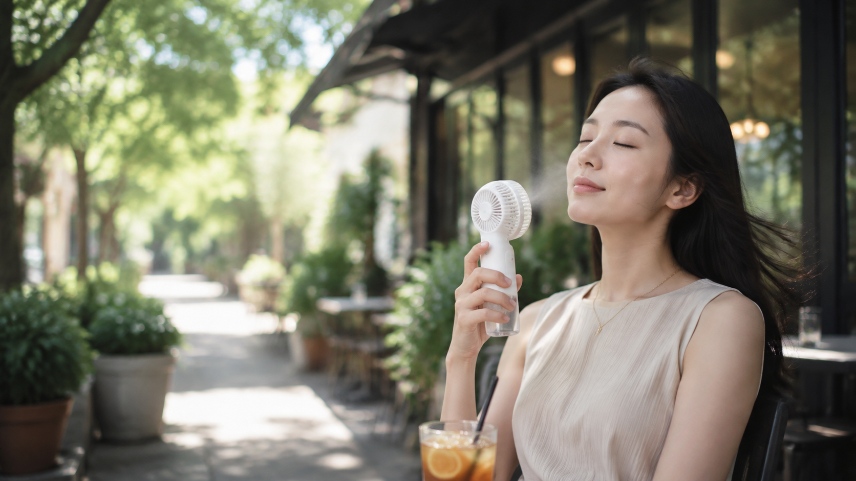 Asian customer using a handheld mist fan in a shaded outdoor summer setting