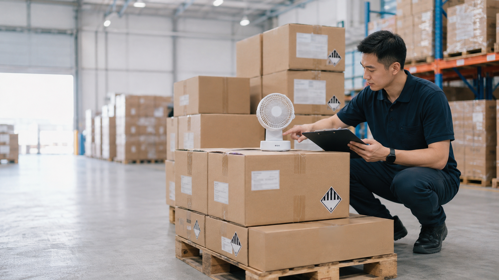 Asian logistics specialist preparing rechargeable portable fans for export shipment