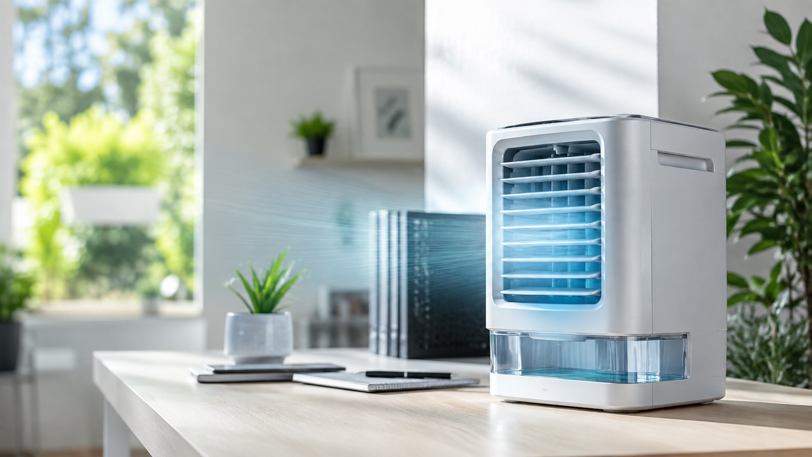 Portable evaporative air cooler in a bright ventilated home-office workspace
