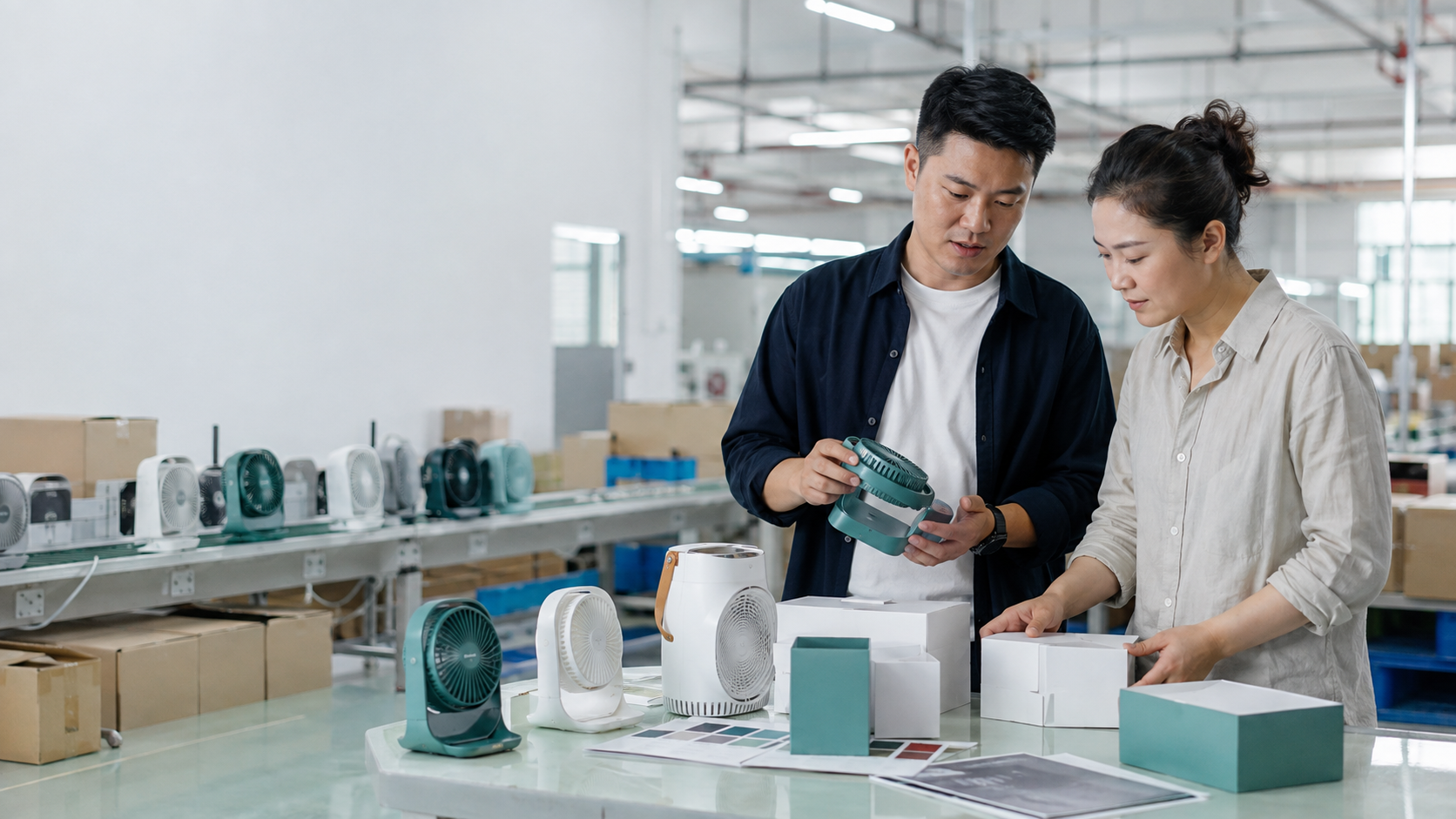 Asian product managers reviewing portable fan samples and private-label packaging