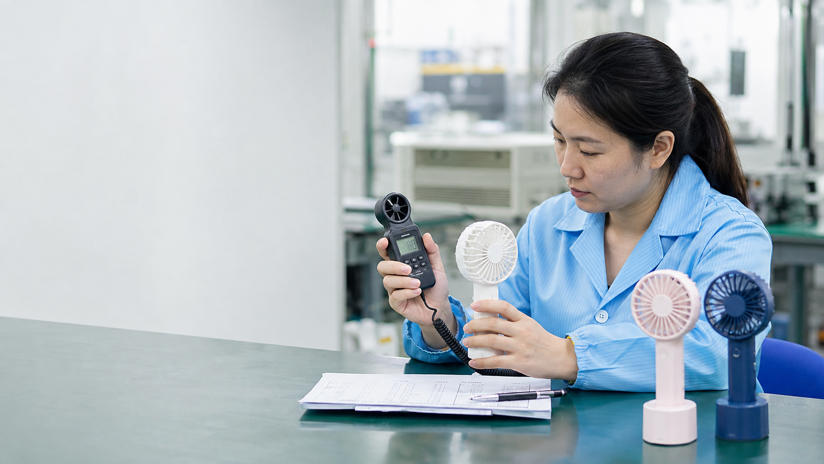 Asian quality engineer testing airflow from a rechargeable portable fan