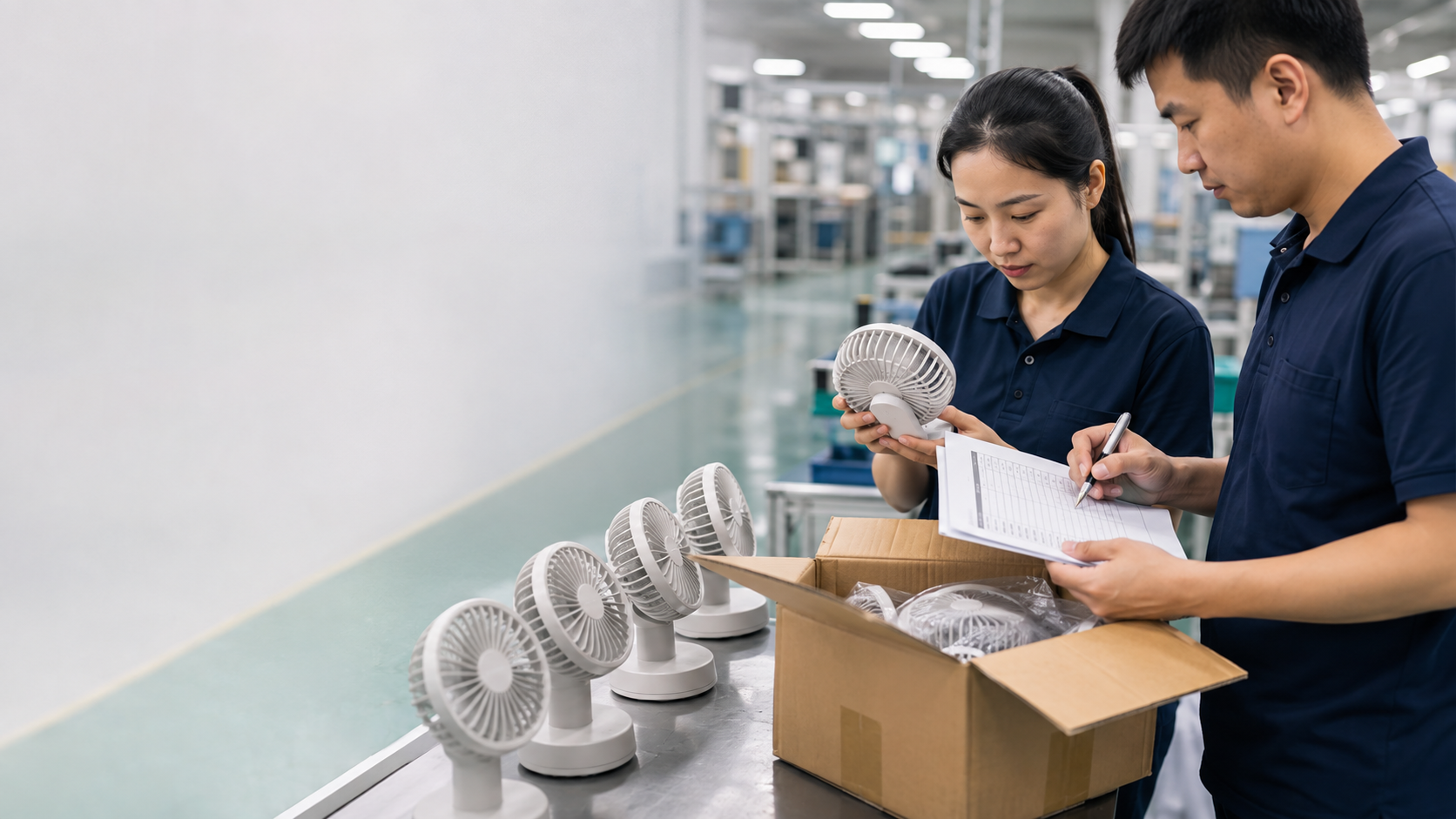 Asian quality inspectors checking a production batch of rechargeable desk fans